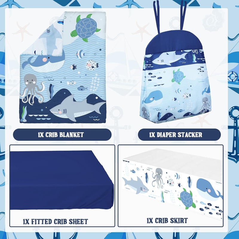 Rtteri 4 Pieces Baby Crib Bedding Set, Nursery Bedding Standard Size Soft Baby Bedding Set Including Crib Skirt, Blanket, Sheet and Diaper Stacker for Girls and Boys(Whale) - Image 3